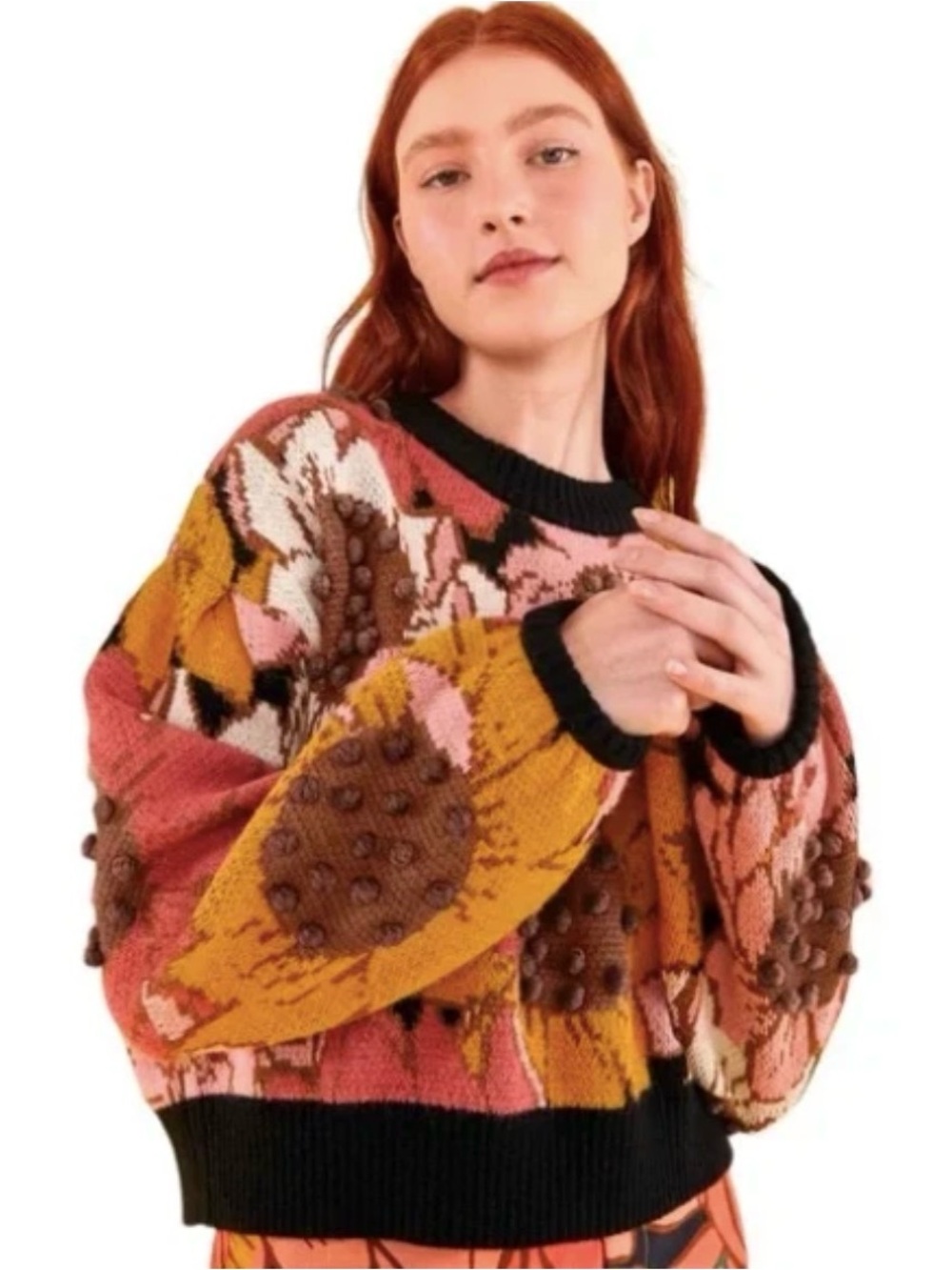 Farm Rio Sweater Women XL Floral Embroidered Sunflower Pom Pom Pink Brown Yellow - Picture 11 of 11